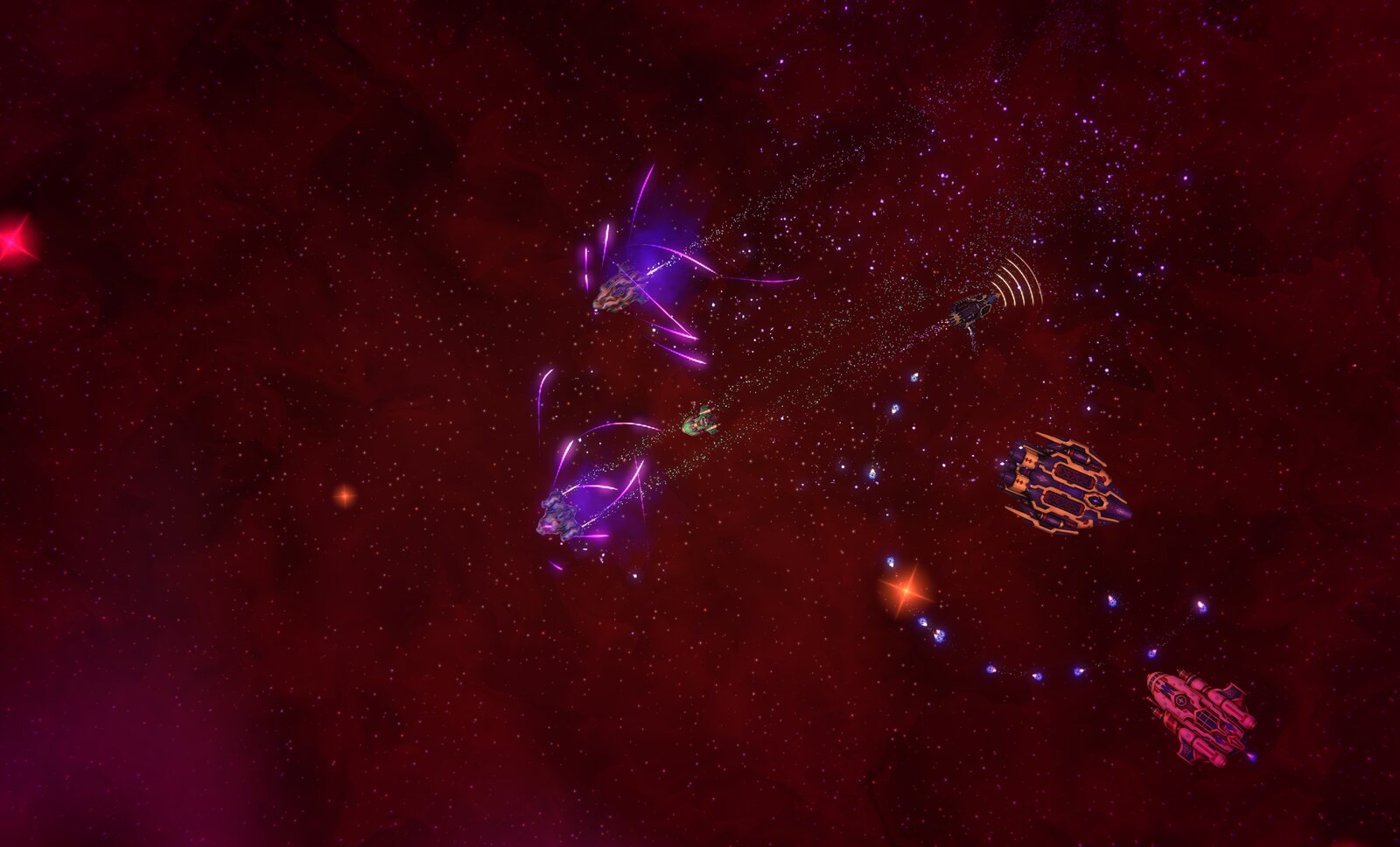Ships exchanging fire in a skirmish, purple entropic filaments arcing around two hulls