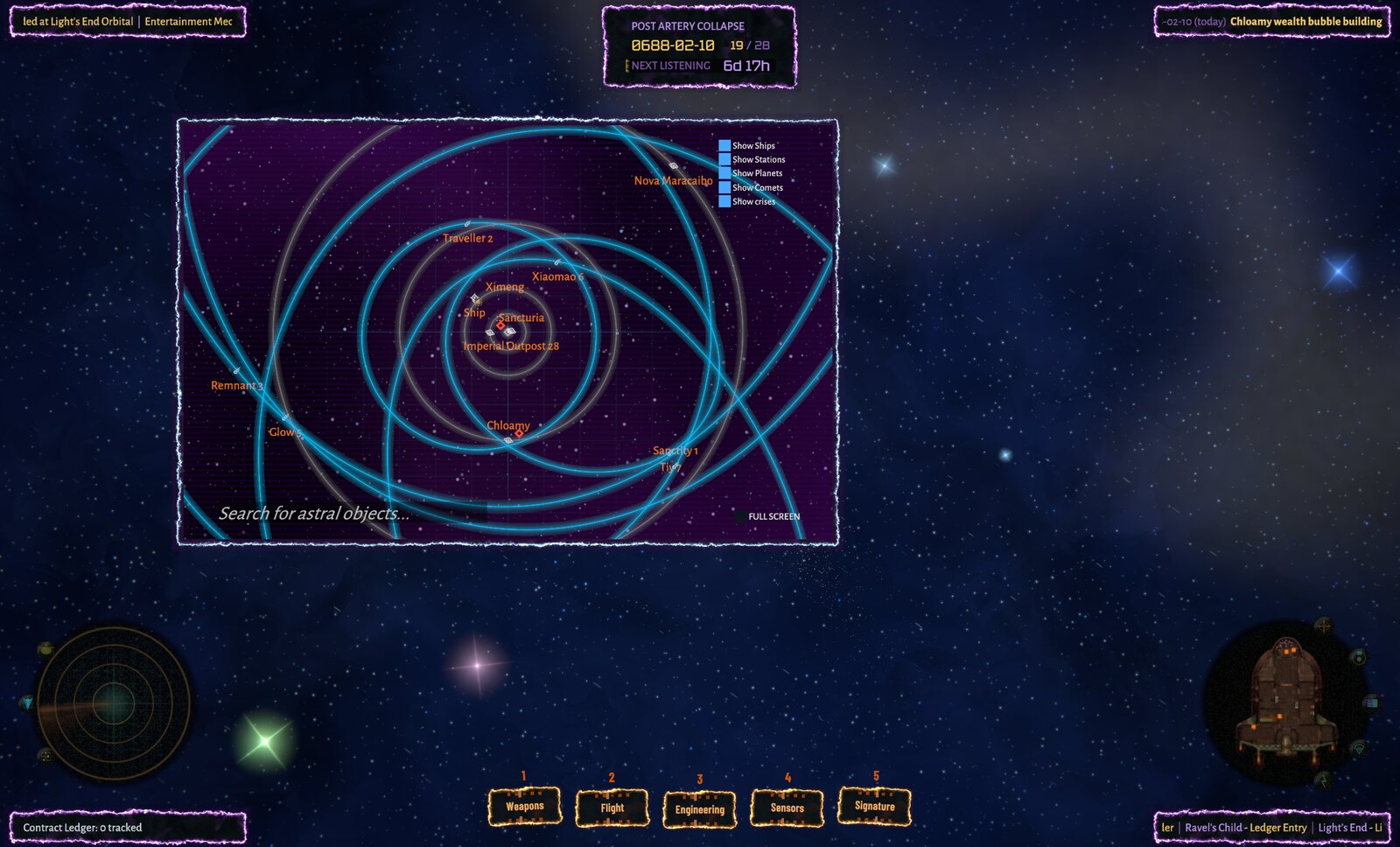 The astral chart overlay plotting seven faction destinations in cyan over a violet grid