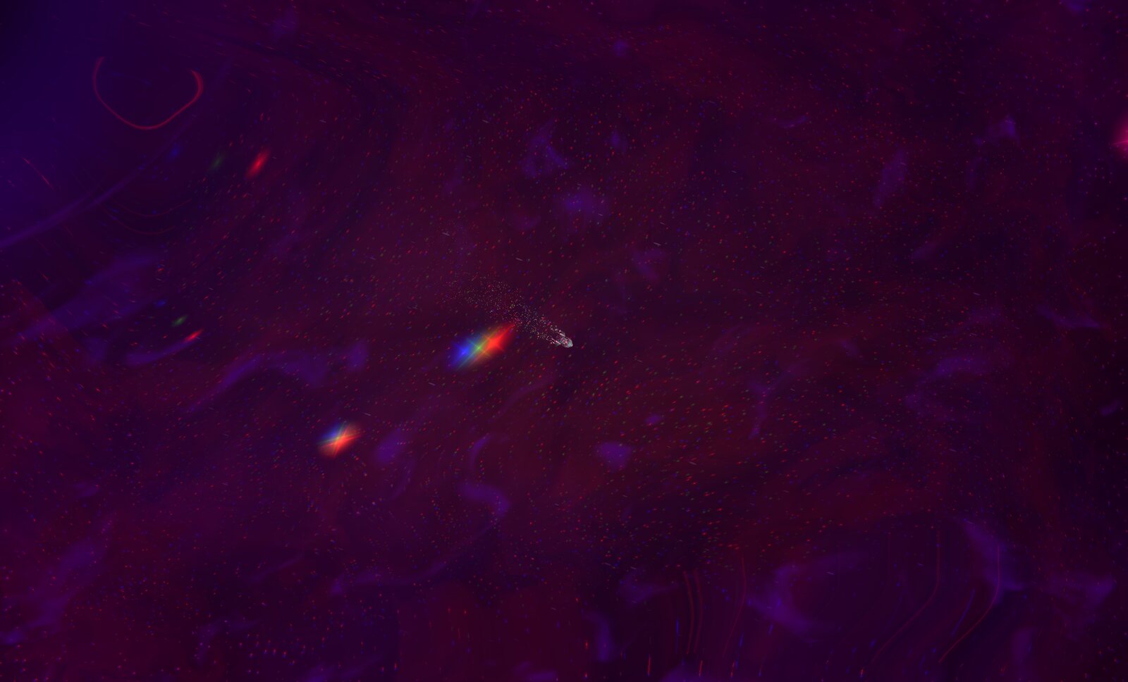 A ship mid-threshold passage, its light splitting into prismatic colours against a dark nebula