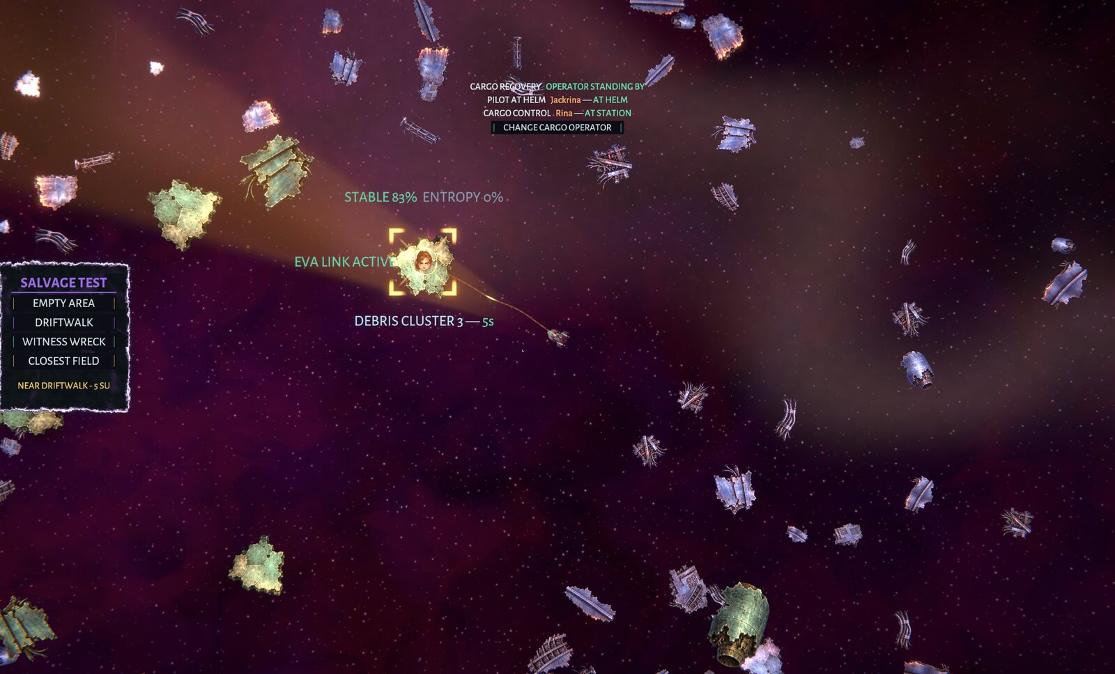 An EVA specialist crossing a dense debris field, targeting reticle locked on a debris cluster while the crew readout tracks pilot and cargo stations