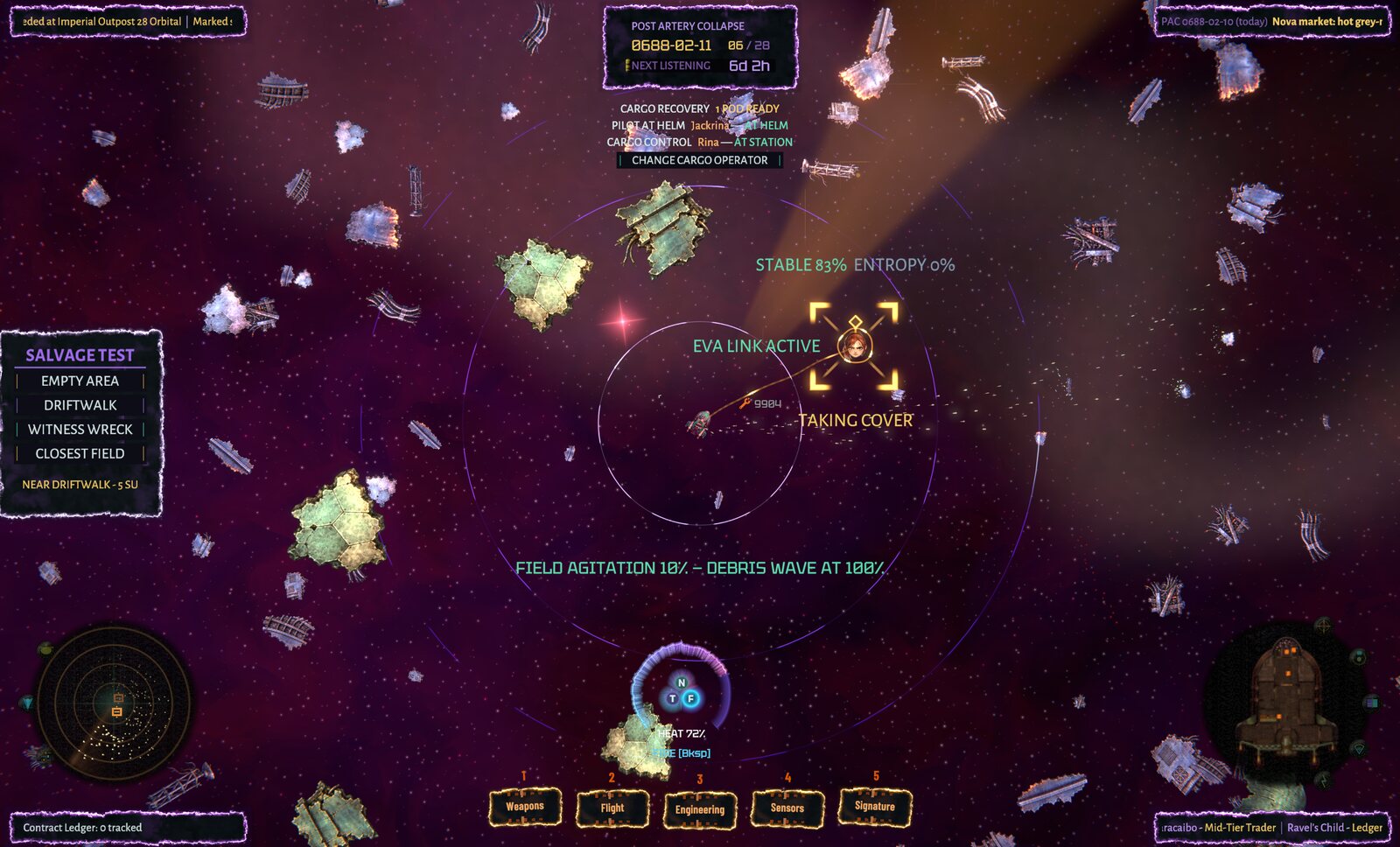 The EVA specialist taking cover behind wreckage as field agitation rises and a debris wave builds, sensor rings sweeping the field