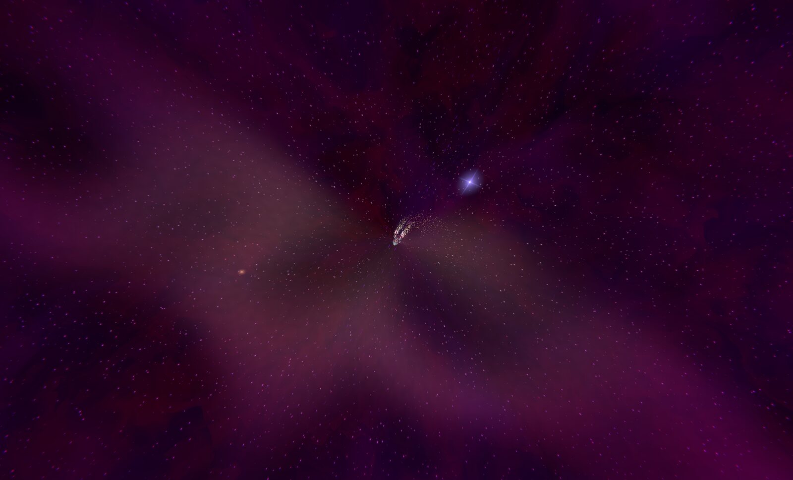 A lone ship drifting through a dim violet nebula
