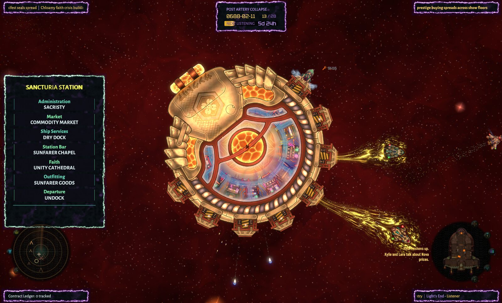 Sunfarer ships trailing gold wakes as they arrive at Sancturia Station's golden hull