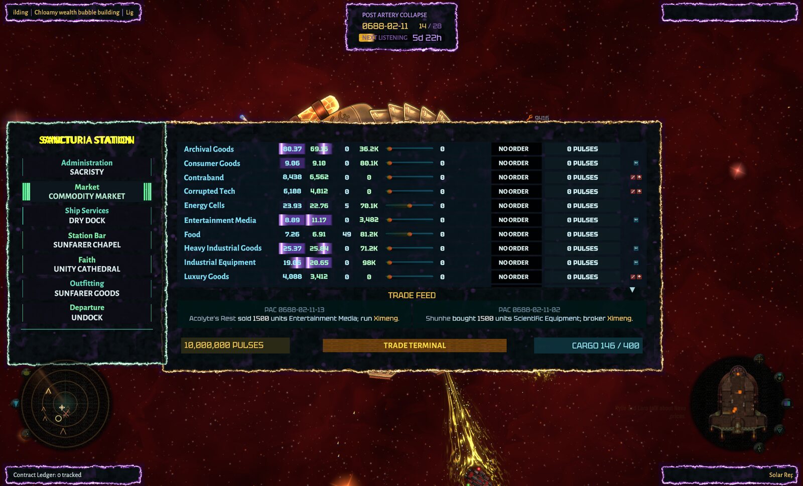 The commodity market terminal listing goods, prices and the trade feed while docked at Sancturia Station